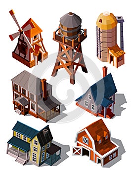 Collection of special farm buildings, houses in european style for cartoon 3d game graphics. Set with game environment