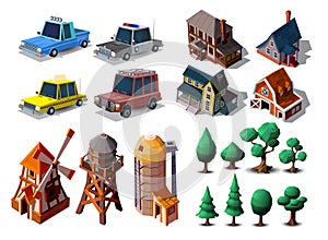 Collection of special farm buildings, houses in european style, cartoon cars,trees, landscape for cartoon 3d game