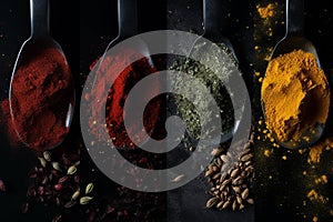 A collection of spices in different colors, in the style of a fames cape collage, dark orange and dark red and yellow and greed