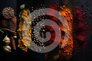 A collection of spices in different colors, in the style of a fames cape collage, dark orange and dark red and yellow and greed