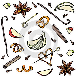 Collection of Spices and Fruit Slices. Anise, Cinnamon, Clove, Vanilla, Apple, Orange Peel. Hand Drawn Sketch Vector Illustration.
