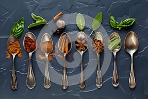 A collection of spoons with various spices on them. The spoons are arranged in a row, with some spoons having more spices. spices
