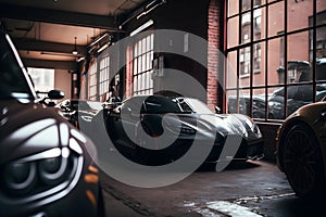 Collection of sport generic and unbranded cars in a garage, ai generative illustration