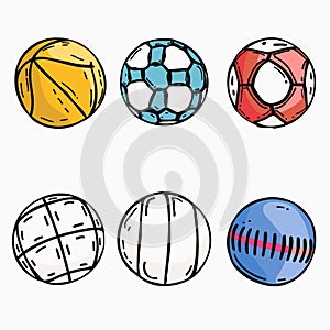 Collection sports balls illustration isolated white background. Handdrawn basketball, soccer ball