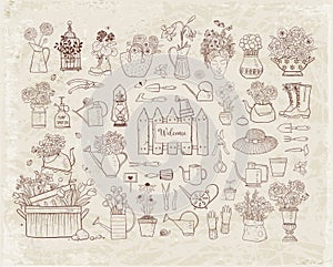 Collection of spring doodle sketch elements: flowers, gardener`s tool, bugs and butterflies on vintage background.