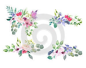 Collection spring Wedding romanric watercolor bouquet. Hand drawing watercolor blue pink and purple flowers ornament