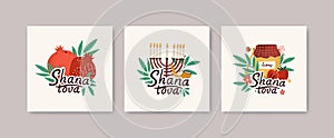 Collection of square greeting cards with Shana Tova message, leaves, shofar horn, menorah, honey, apples, pomegranates