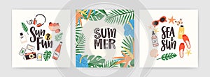 Collection of square summer cards with lettering handwritten with elegant cursive font and seasonal decorations - leaves
