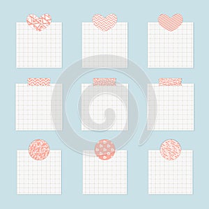 Collection of squared sheets of grid note papers with heart, circle, rectangle push washi tape pin, ready for message, note, wish