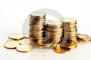 Collection of Stack of Gold Coins Isolated on White Background. Generative ai