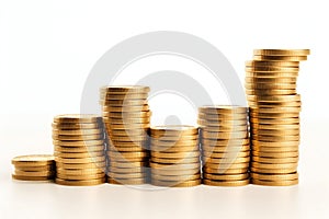Collection of Stack of Gold Coins Isolated on White Background. Generative ai