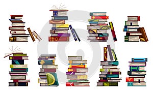 Collection of stacks with colorful books on a white background. Piles of education books vector. Knowledge concept