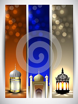 Collection of Standee Poster or Vertical Template Design with Glossy Lantern and Mosque on Blur Light Effect Background and Space