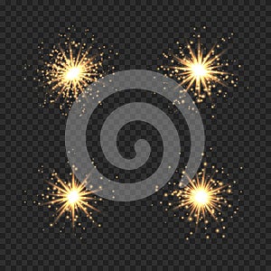 Collection of star burst with sparkles. Golden light flare effect with sparkles and glitter isolated on transparent