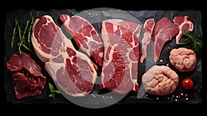 collection of steaks on a black board