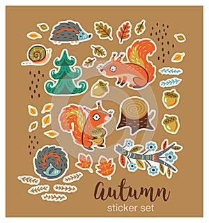 Collection of stickers with cartoon characters and autumn elements
