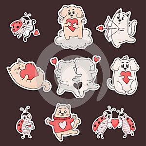 Collection stickers love animals. Cute puppy, couple dogs, funny cat and ladybug insects with heart. Vector isolated
