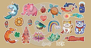 Collection of stickers with lucky symbols