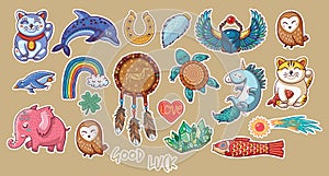 Collection of stickers with lucky symbols