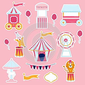 Collection of stickers pink circus. Tent, clown, ticket office, lion