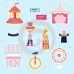 Collection of stickers pink circus. Tent, toy, carousel, tickets