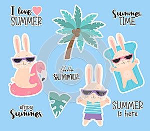 Collection of stickers Summer time. Cute funny bunnies in sunglasses floats on waterproof rubber flamingo ring and