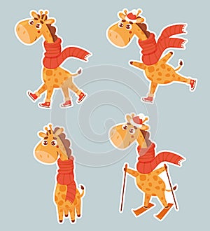 Collection stickers with winter giraffes. Cute animal skating, skiing, winter sports. Vector illustration. Funny