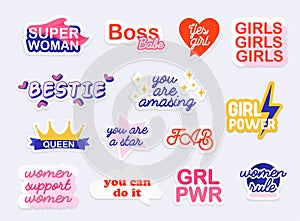 Collection of stickers with woman slogans. Feminism. Girl power