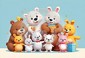 a collection of stuffed animals with happy face are gathering arround