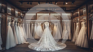 a collection of stunning wedding dresses in a well-lit bridal boutique. Highlight the diverse styles and intricate