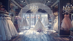 a collection of stunning wedding dresses in a well-lit bridal boutique. Highlight the diverse styles and intricate