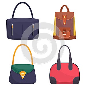 Collection of stylish colorful leather handbags with white stitching. Woman bag. Ladies handbags isolated on white background. Fas