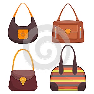 Collection of stylish colorful leather handbags with white stitching. Woman bag. Ladies handbags isolated on white background. Fas