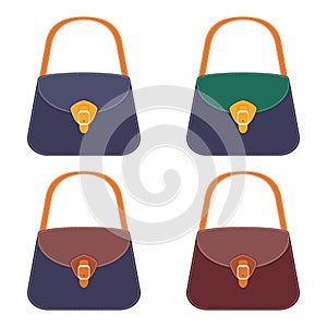 Collection of stylish colorful leather handbags with white stitching. Woman bag. Ladies handbags isolated on white background. Fas