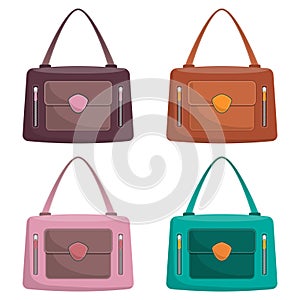 Collection of stylish colorful leather handbags with white stitching. Woman bag. Ladies handbags isolated on white background. Fas