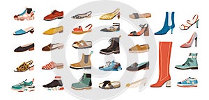 Collection of stylish elegant shoes and boots of different types isolated on white background. Bundle of trendy casual