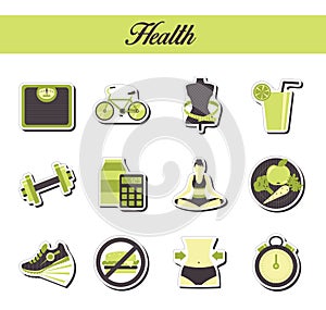 A collection of stylish modern flat sticker icons with pattern coloring for healthy lifestyle, diet and fitness. For web, presenta