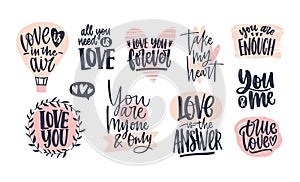 Collection of stylish Valentine`s day lettering handwritten with elegant cursive font. Romantic phrases, slogans photo