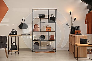 Collection of stylish women`s bags and accessories in luxury boutique