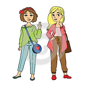 Collection of stylish young women dressed in trendy clothes. Set of fashionable casual and formal outfits. Bundle of