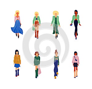 Collection of stylish young women dressed in trendy clothes. Vector fashion illustration.