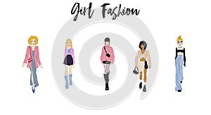 Collection of stylish young women dressed in trendy clothes. Vector fashion illustration.