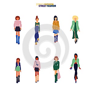 Collection of stylish young women dressed in trendy clothes. Vector fashion illustration.