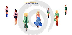 Collection of stylish young women dressed in trendy clothes. Vector fashion illustration.