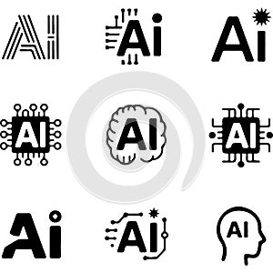 Collection of stylized ai logos and icons representing artificial intelligence