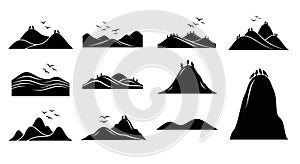 Collection of Mountain Silhouettes with Birds and Figures