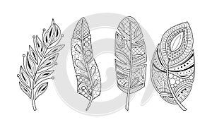 Collection of stylized feathers, black and white tribal, artistically drawn feather, pattern for coloring page, tattoo