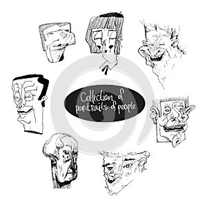 A collection of stylized portraits of people with different characters. Vector black and white image. It can be useful for designi