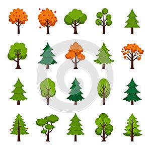 A collection of 20 stylized tree illustrations is arranged in a grid, showcasing various