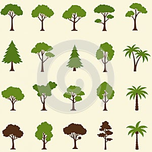 Collection of stylized tree illustrations featuring various shapes and sizes. Includes